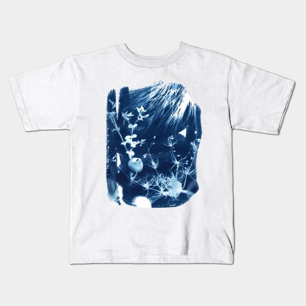 Cyanotype sunprinted beach landscape with wildflowers and shells Kids T-Shirt by kittyvdheuvel